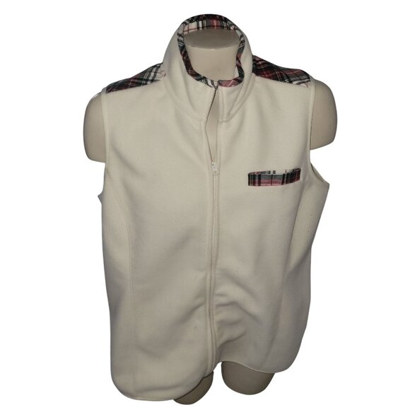 Brooks Brothers‎ Womens Ivory Fleece Vest W/ Plaid Trim  L  luxury avant-garde - Picture 1 of 5